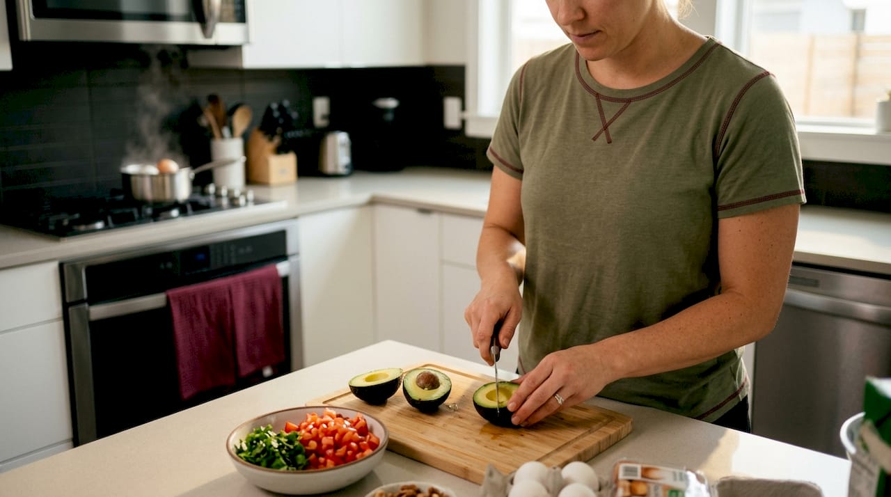 Hands preparing keto protein breakfast
