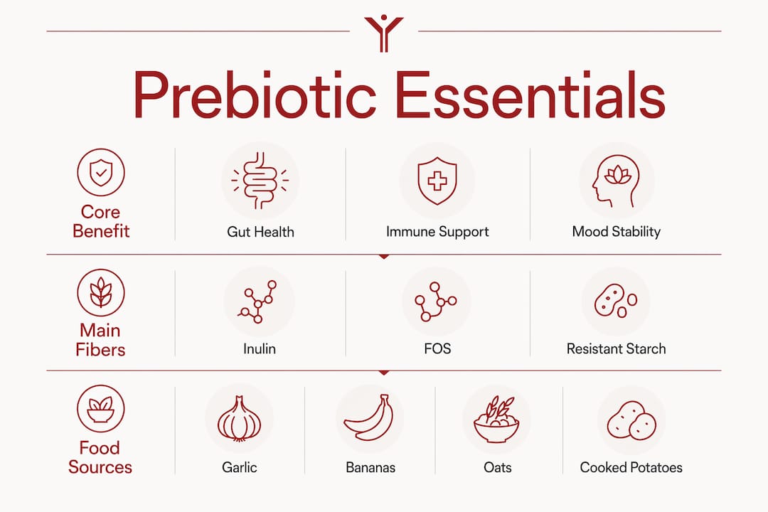 Infographic of prebiotic benefits, fibers, and sources