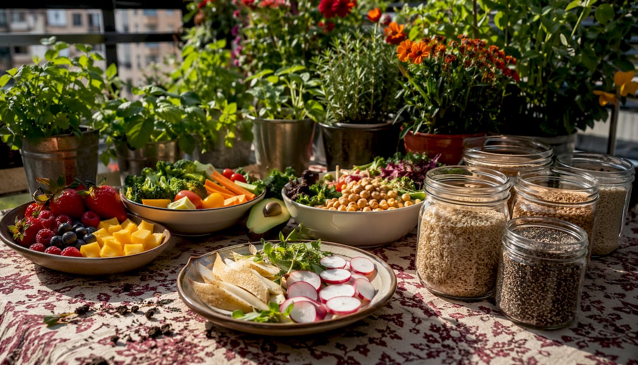 Assorted fiber-rich foods on kitchen table