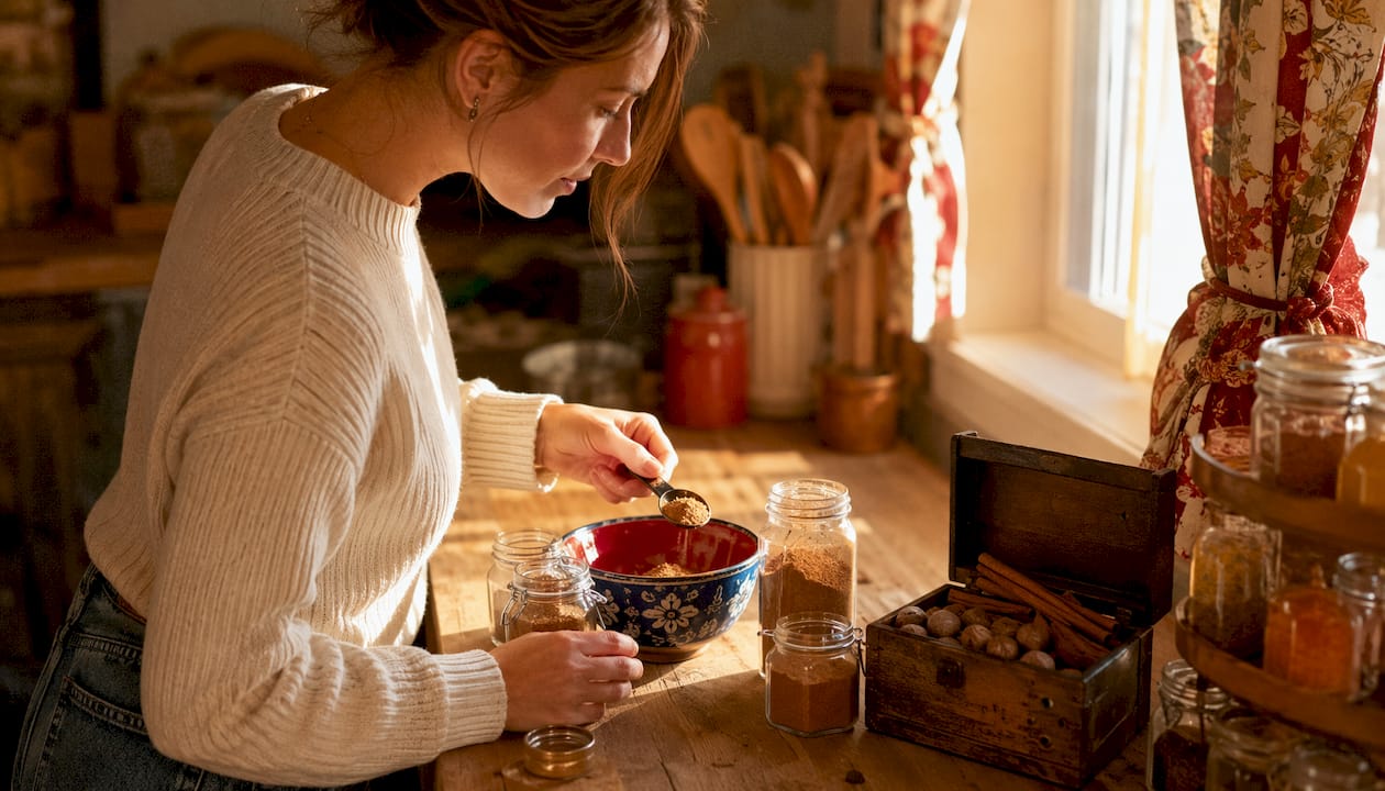 Woman measuring spices for pumpkin pie spice blend