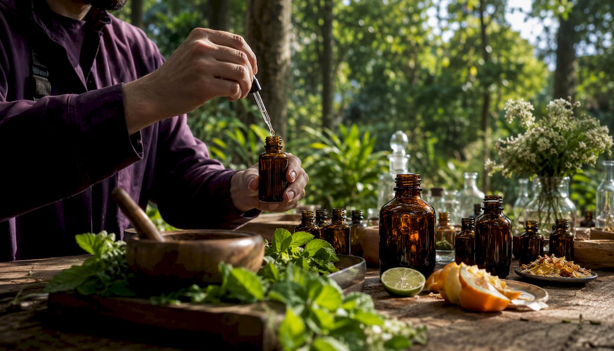 Hands blending natural fragrance extracts in lab