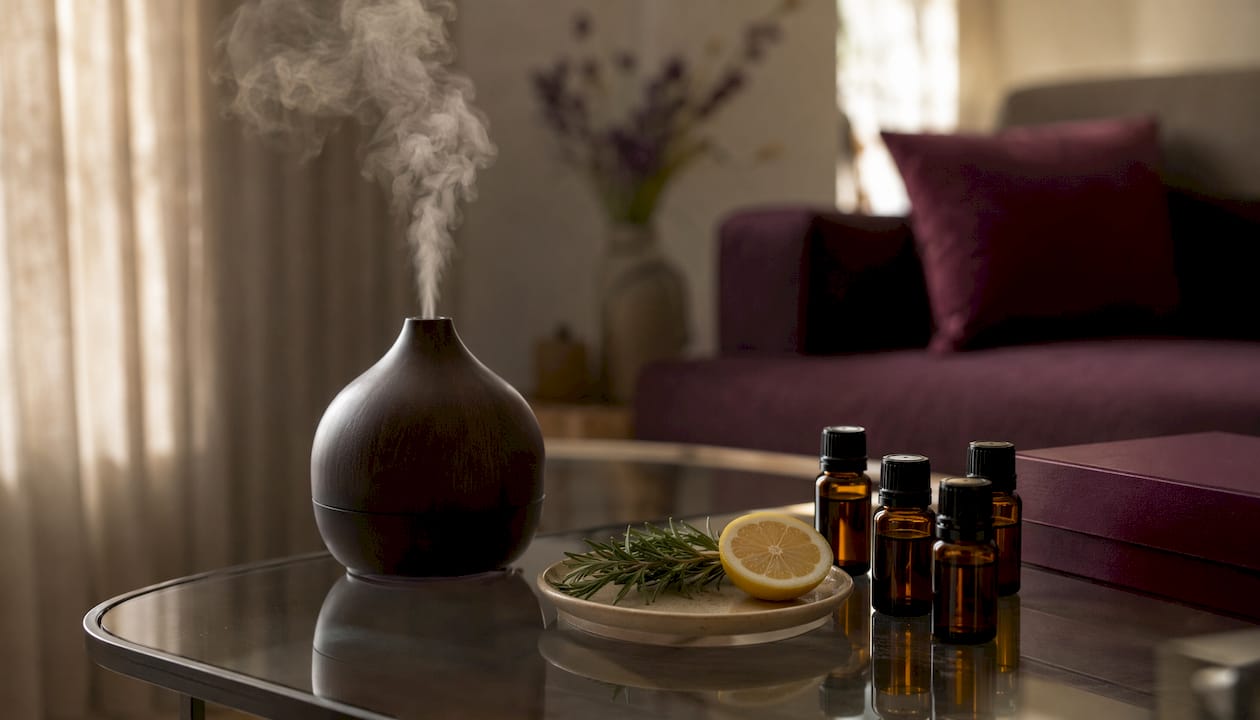 Diffuser and natural oils with fresh herbs on table