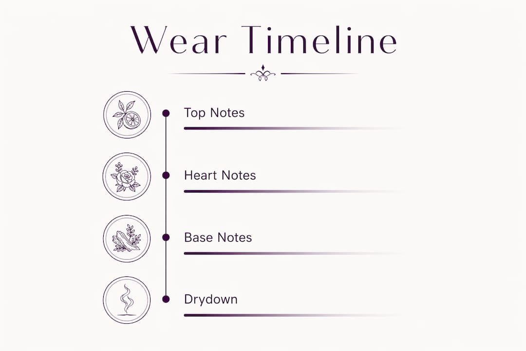 Infographic illustrating fragrance wear timeline stages
