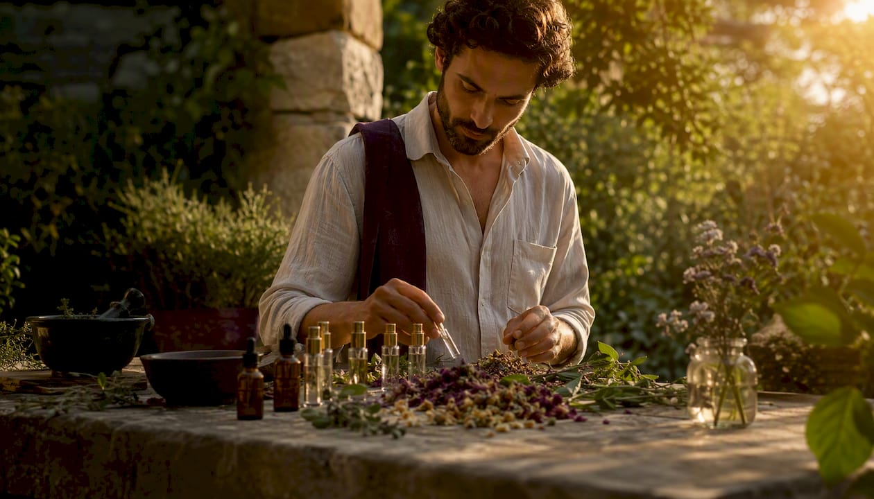 Hands arranging perfume samples and natural elements