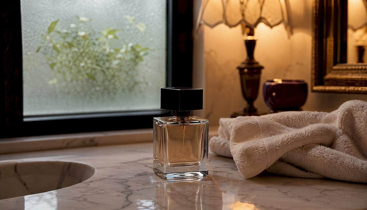 Perfume bottle with fragrance notes and dried flowers