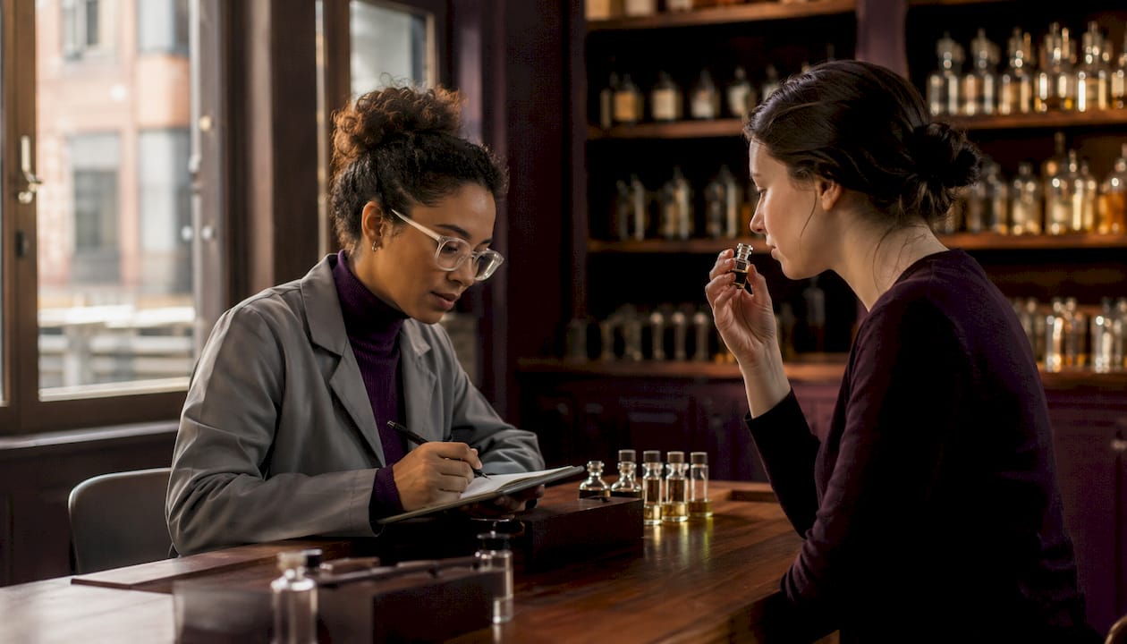 Scientist observing scent emotion testing