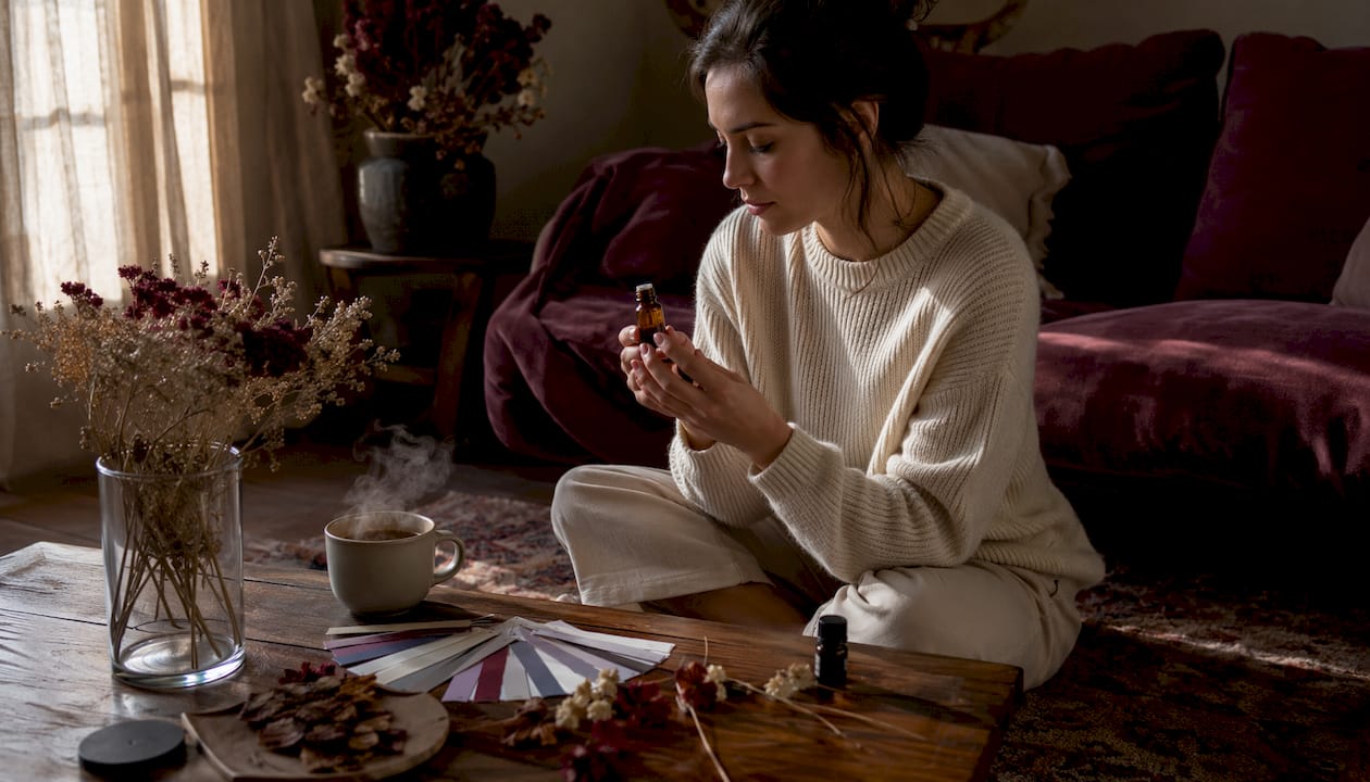 Hands selecting essential oil on desk