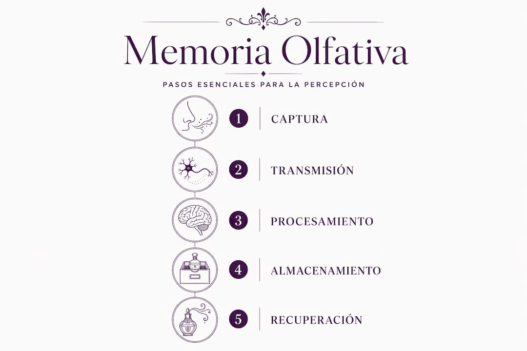 Infografía que ilustra las diferentes fases de la memoria relacionada con el olfato
