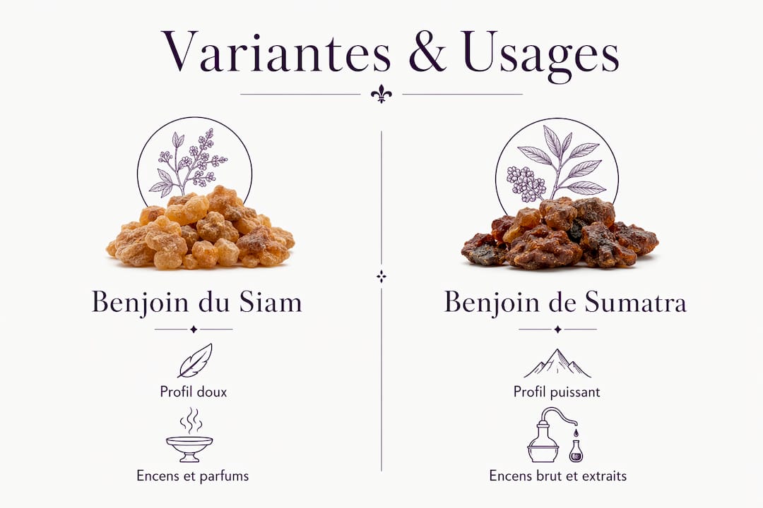 Comparatif visuel des différentes variétés de benjoin et de leurs principaux usages