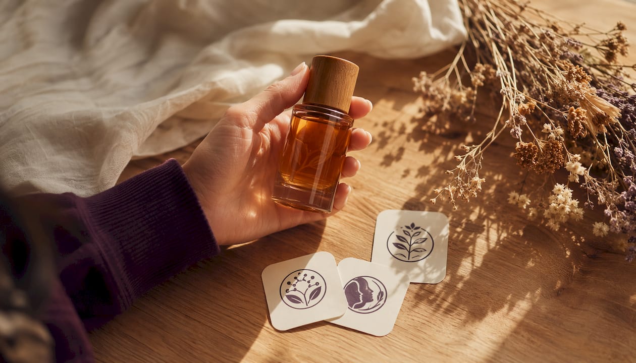 Une main tient un parfum naturel arborant fièrement ses labels de certification.