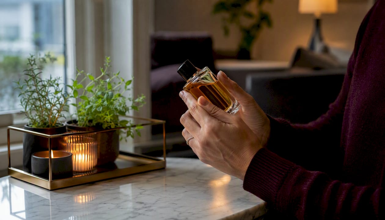 Una persona revisa detenidamente la lista de ingredientes de un perfume en una boutique.