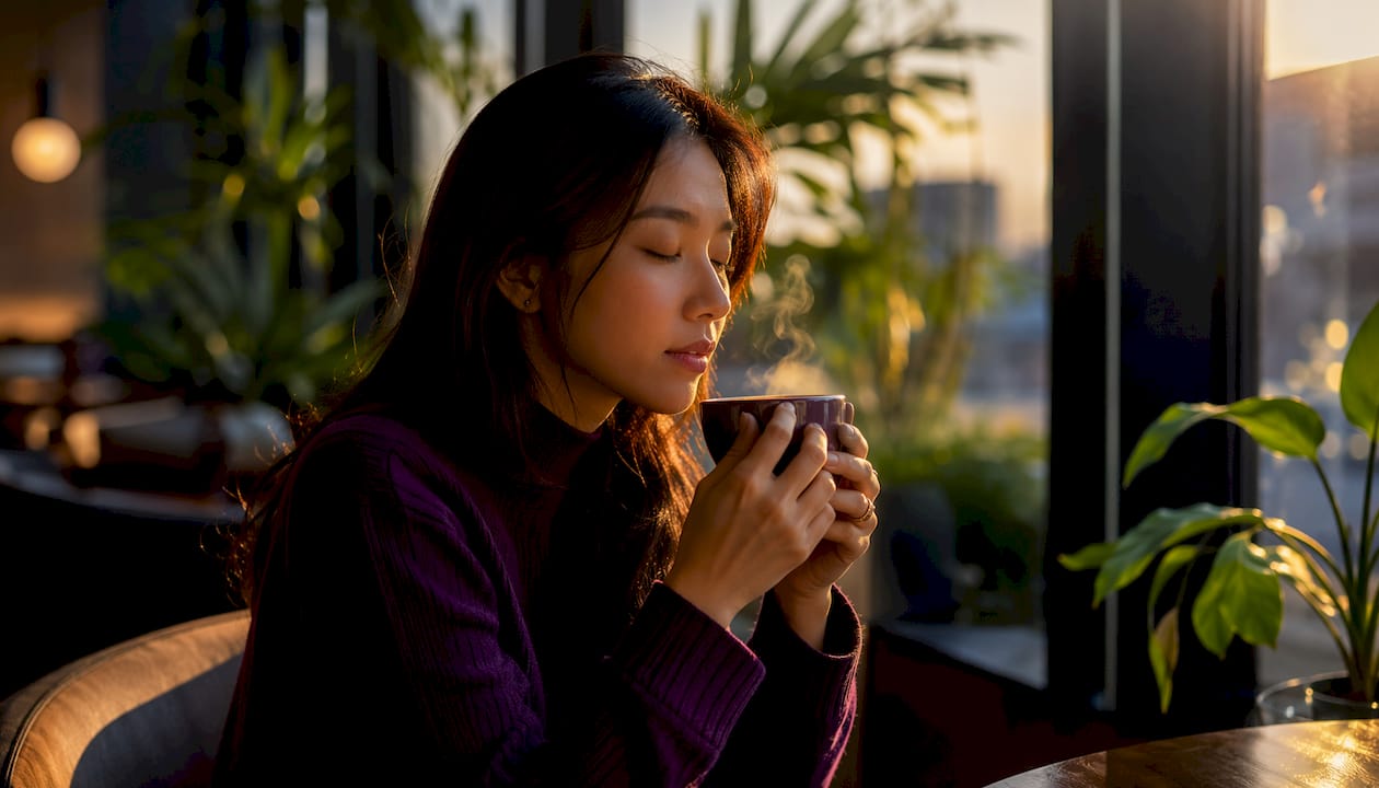 Una chica disfruta del aroma de su café mientras pasea por el parque.