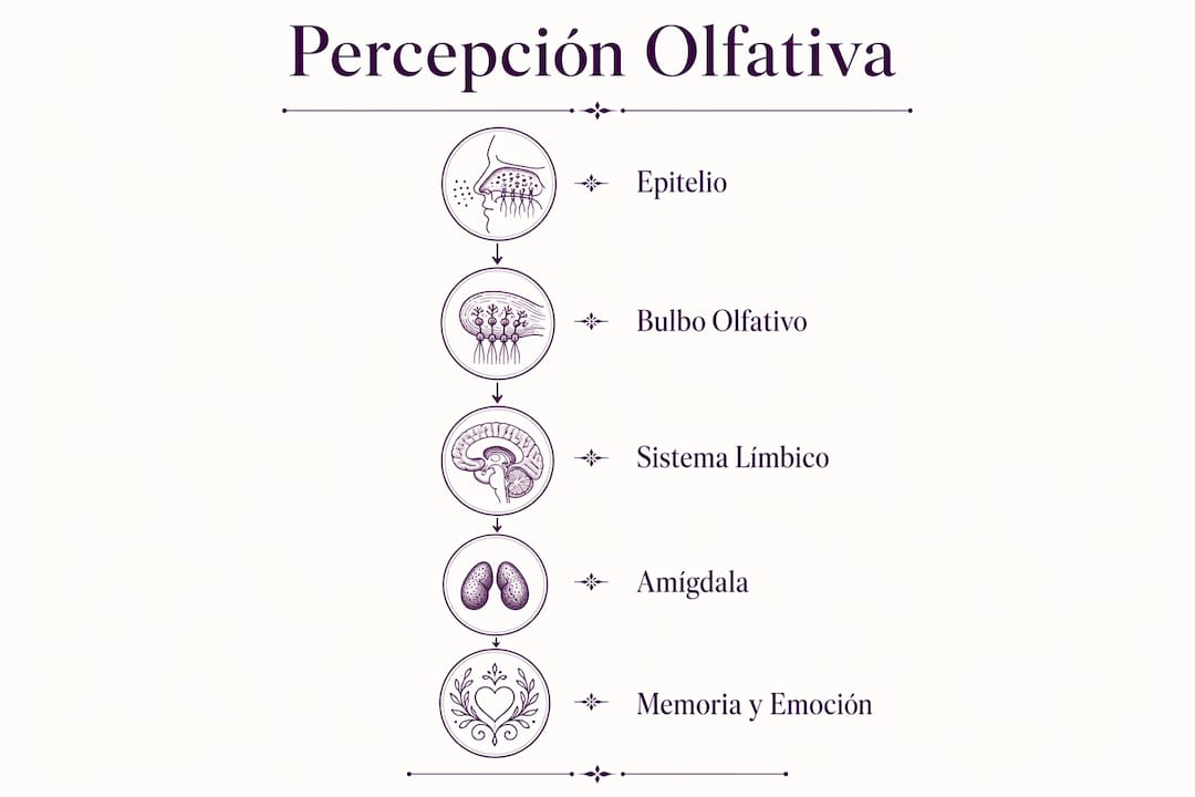 Infografía sobre las etapas del sentido del olfato y su relación con la neurociencia