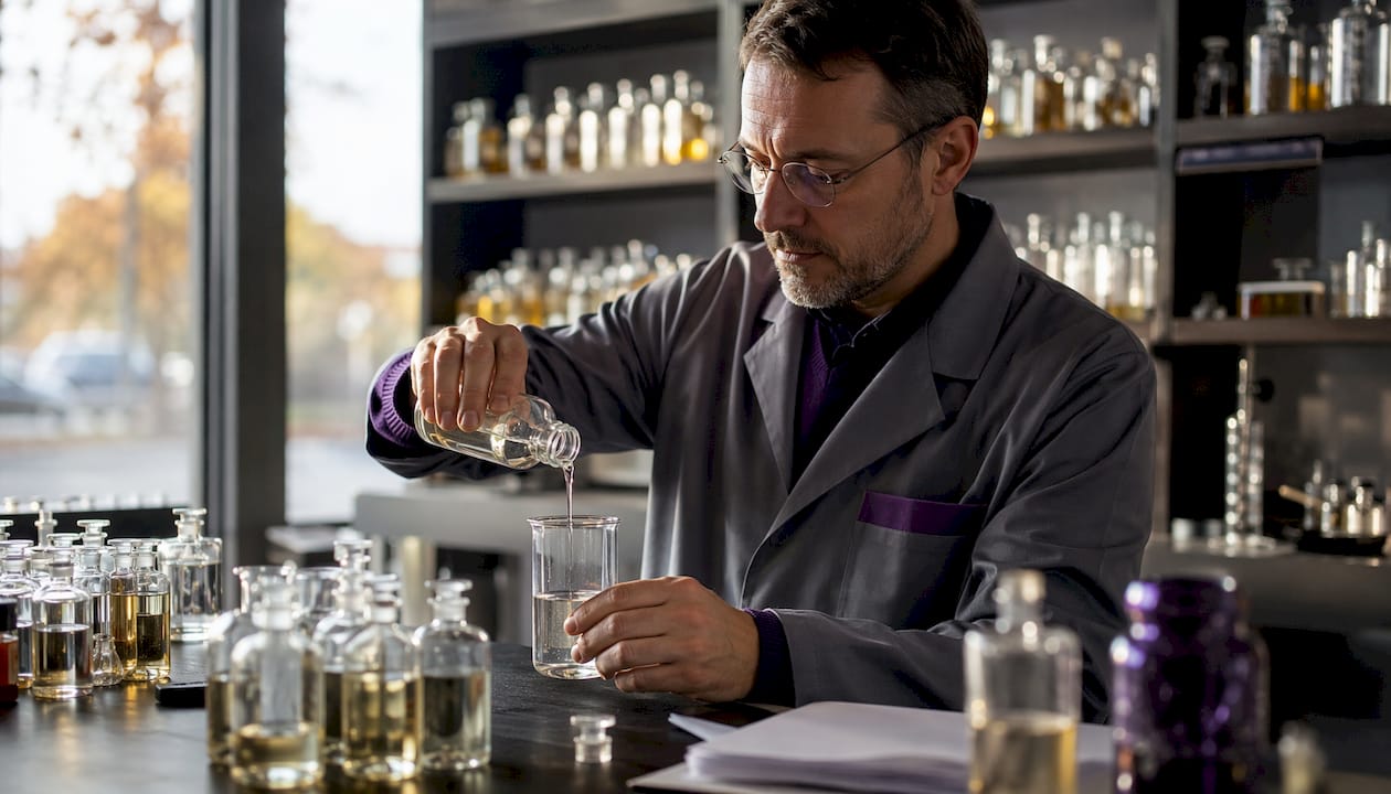 Dans son laboratoire, le chimiste incorpore délicatement de la glycérine à une solution alcoolique afin d’obtenir la formulation désirée.