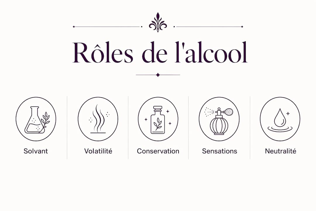 Visuel explicatif mettant en avant les différentes fonctions clés de l’alcool dans la création de parfums