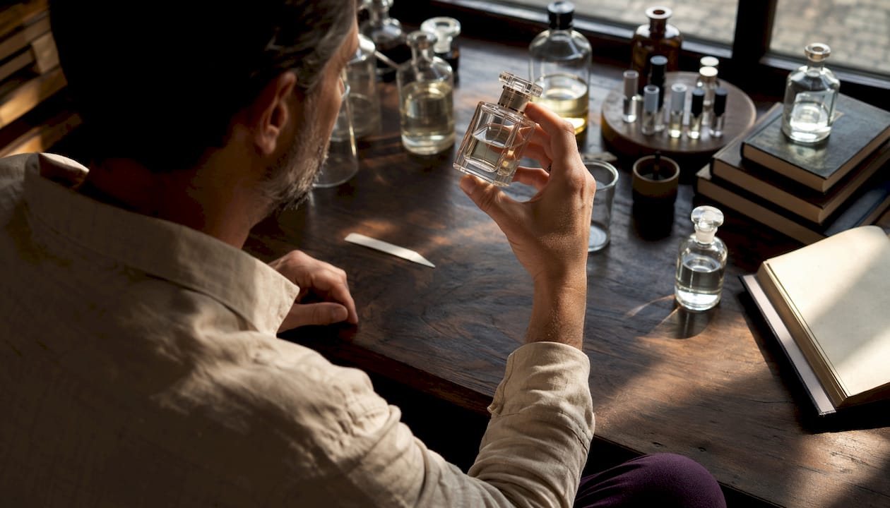 Des mains présentent un flacon de parfum mettant en avant le taux d’alcool indiqué sur l’étiquette.