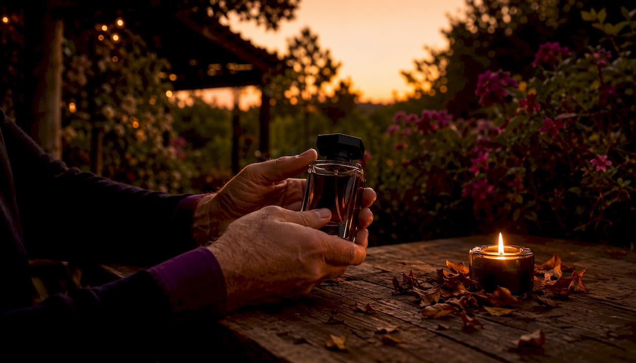 Unas manos sostienen un frasco de perfume artesanal sobre una mesa bañada por la luz.