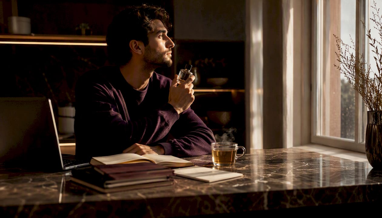 Young man reflecting while holding perfume vial