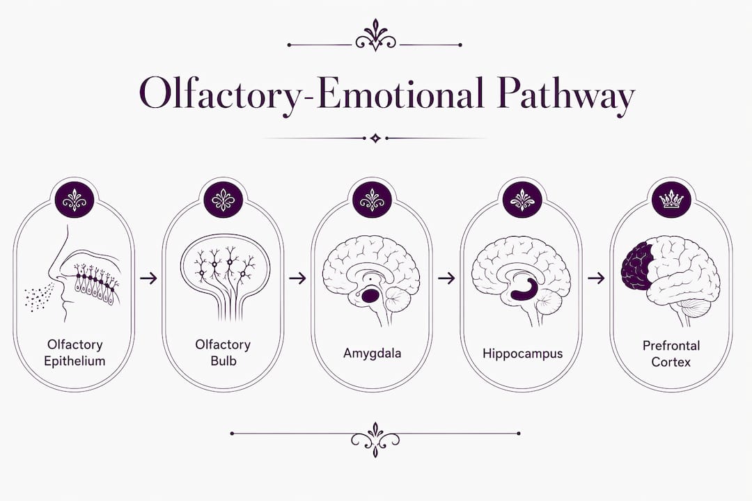 Infographic depicting brain structures in scent-emotion process