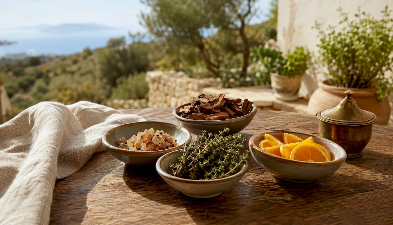 Natural Mediterranean perfume ingredients on marble