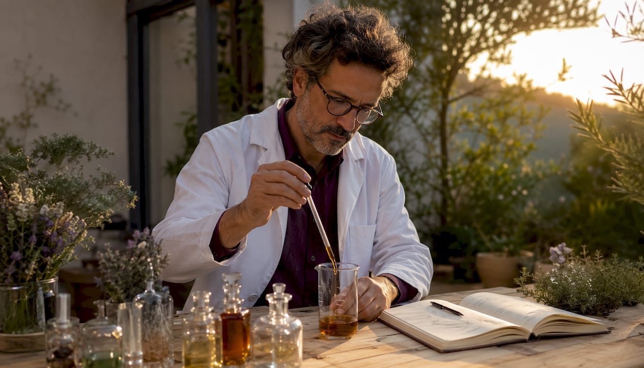 Un hombre analiza fragancias en el laboratorio de una perfumería, midiendo cuidadosamente las esencias para crear nuevos aromas.