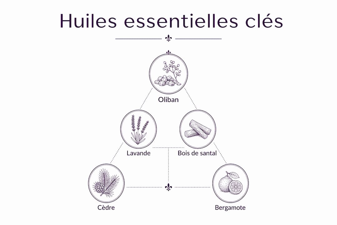 Schéma illustré des huiles essentielles incontournables pour favoriser l’éveil intérieur