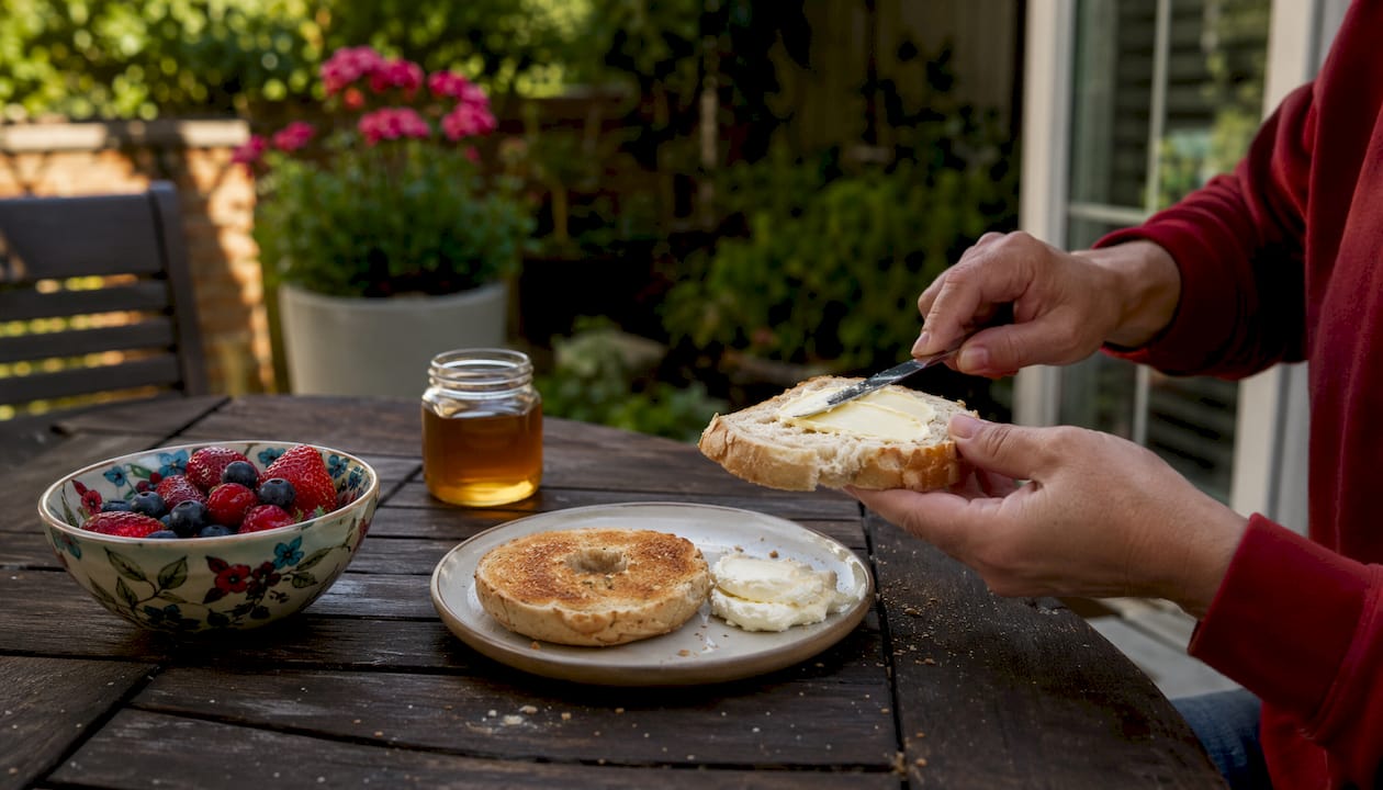 Hands spreading butter on white toast breakfast