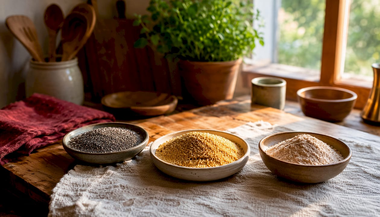 Three bowls with different fiber types close-up overhead