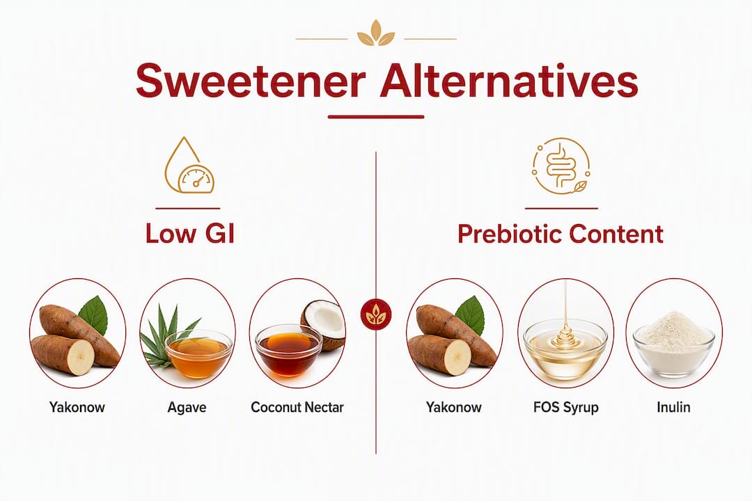 Infographic comparing sweetener alternatives by glycemic index and prebiotic content