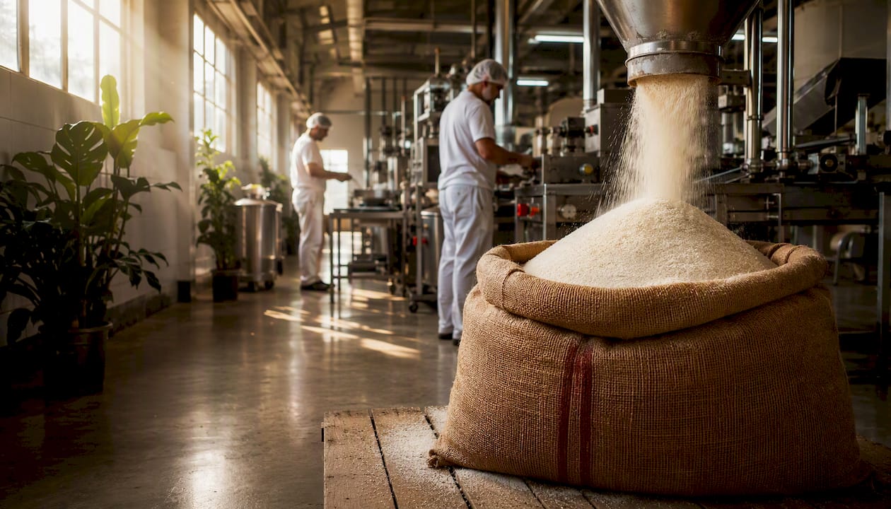 Agave sugar granules pouring in production
