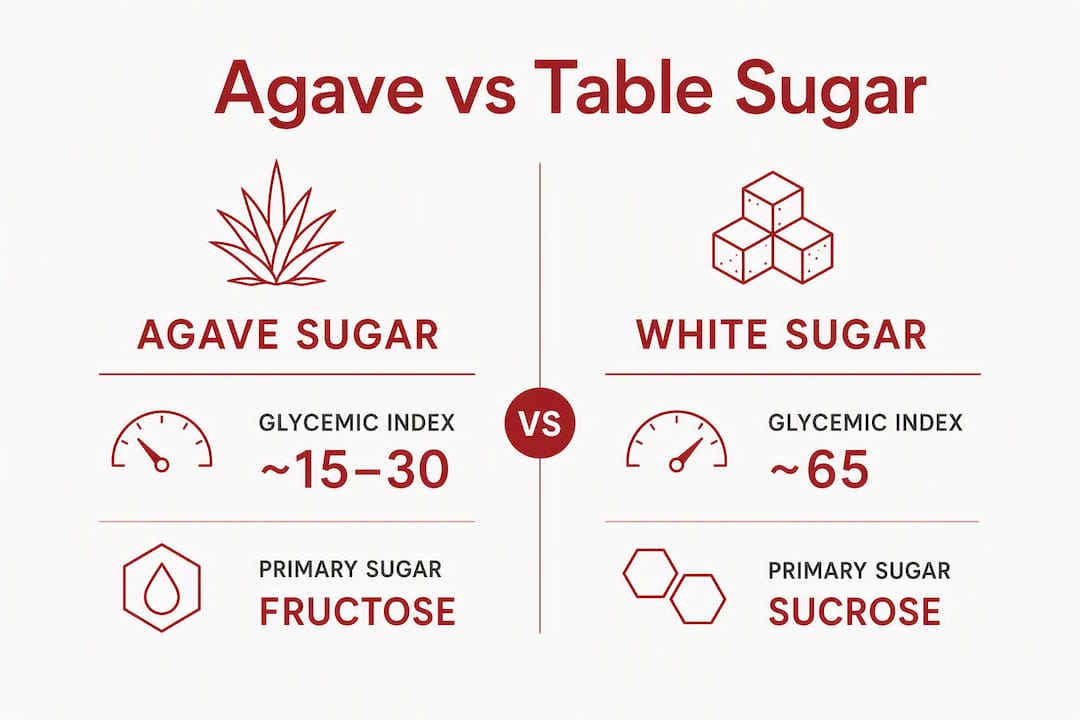 Infographic comparing agave sugar and white sugar nutrition