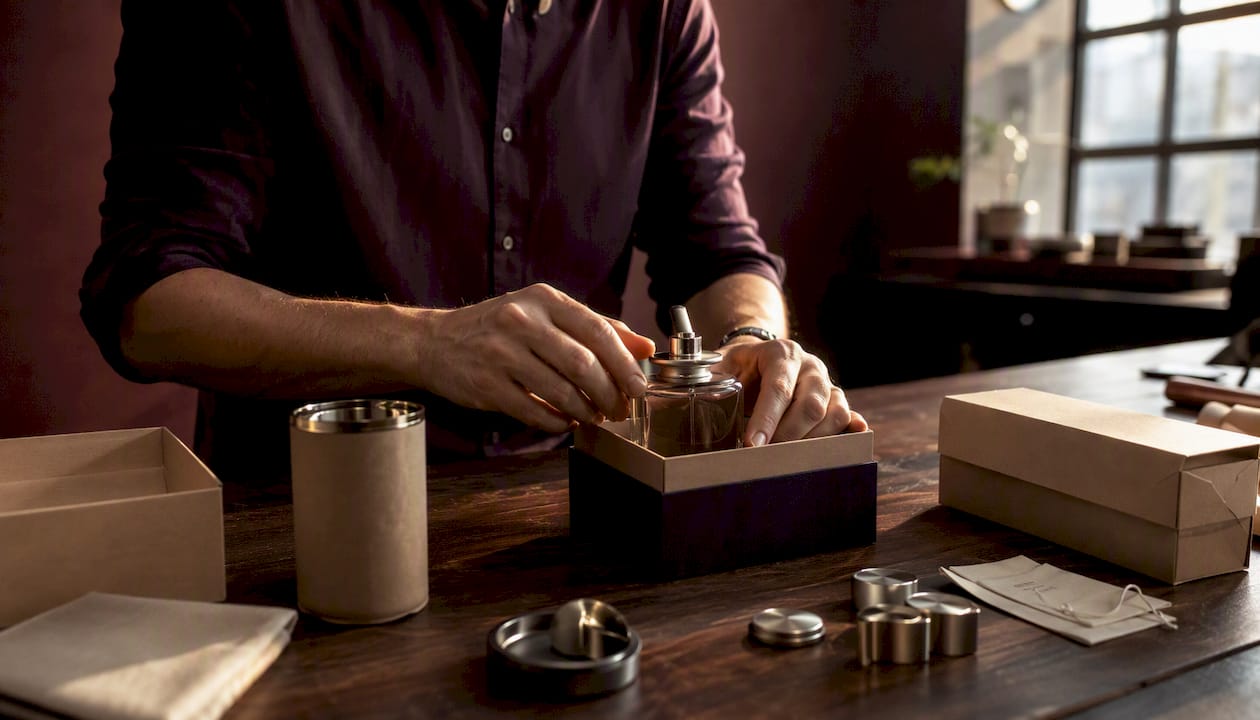 Manos trabajando en el montaje de envases ecológicos para perfumes