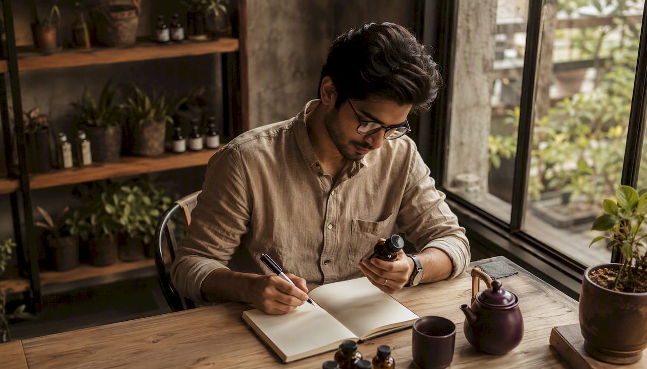 Perfumista artesanal revisando las etiquetas de los ingredientes en casa