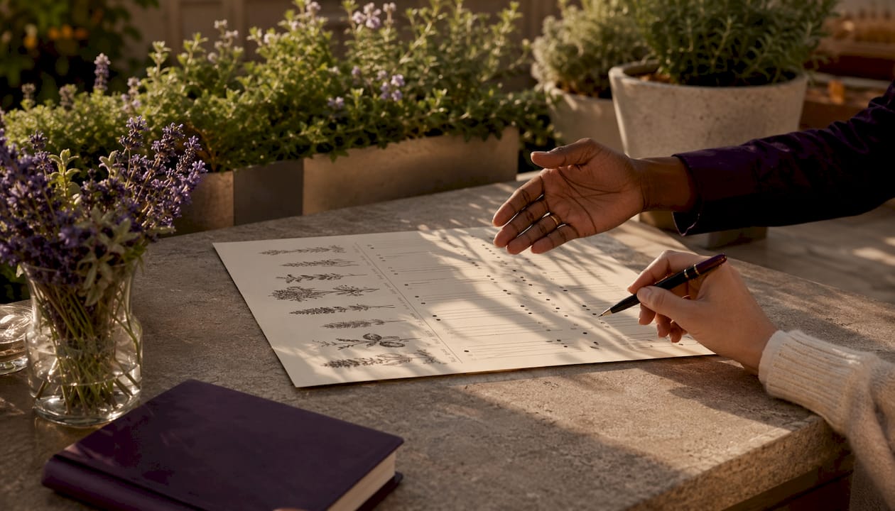 Hands comparing fragrance ingredient chart on desk
