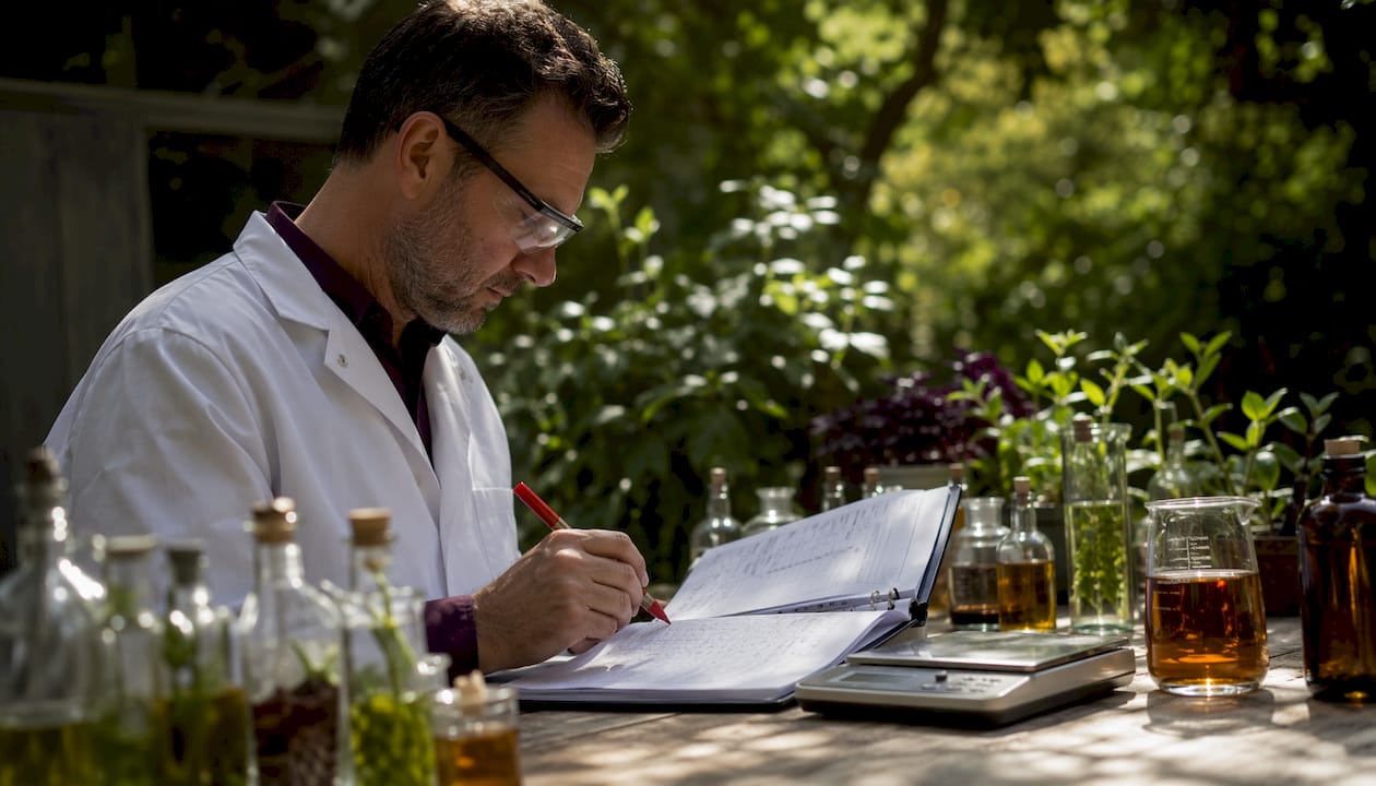 Chemist reviewing fragrance ingredient safety documents