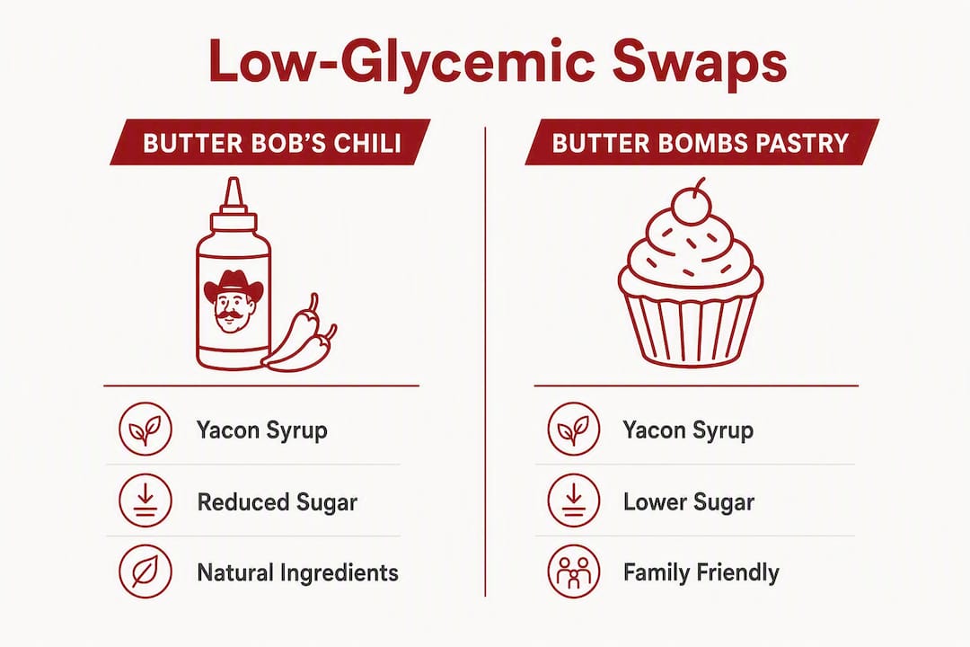 Infographic comparing low-glycemic swaps in Butter Bob's recipes