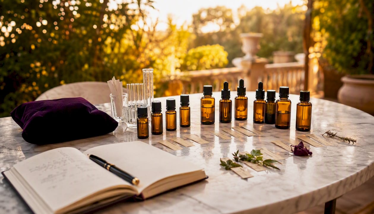 Presentación de esencias aromáticas en frascos, acompañadas de una libreta para tomar notas