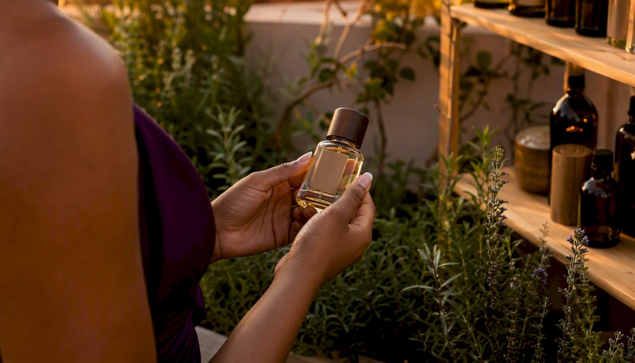 Unas manos sujetan delicadamente un frasco de perfume hecho a mano, destacando su calidad artesanal.