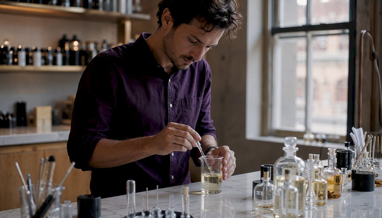 Dans son atelier, le parfumeur affine patiemment une nouvelle composition, cherchant l’équilibre parfait entre les essences.