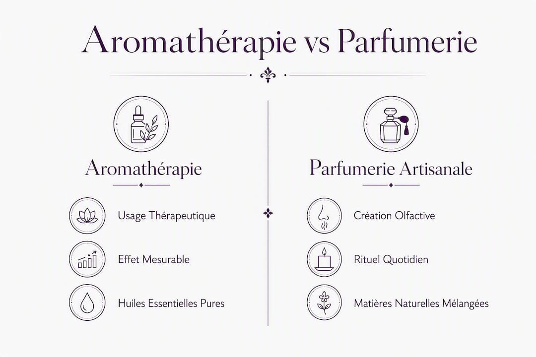 Découvrez une infographie mettant en lumière les différences et similitudes entre l’aromathérapie et la parfumerie artisanale.