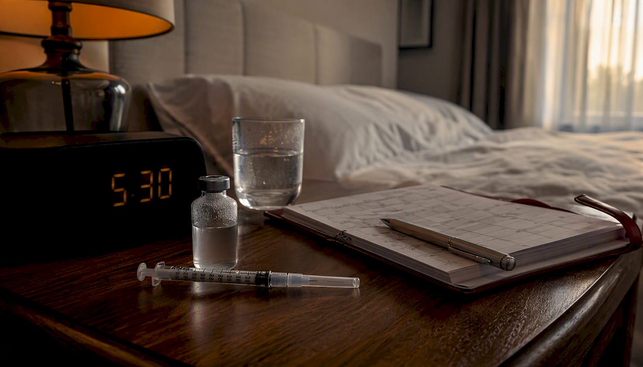 Insulin vial and clock on bedside table at night