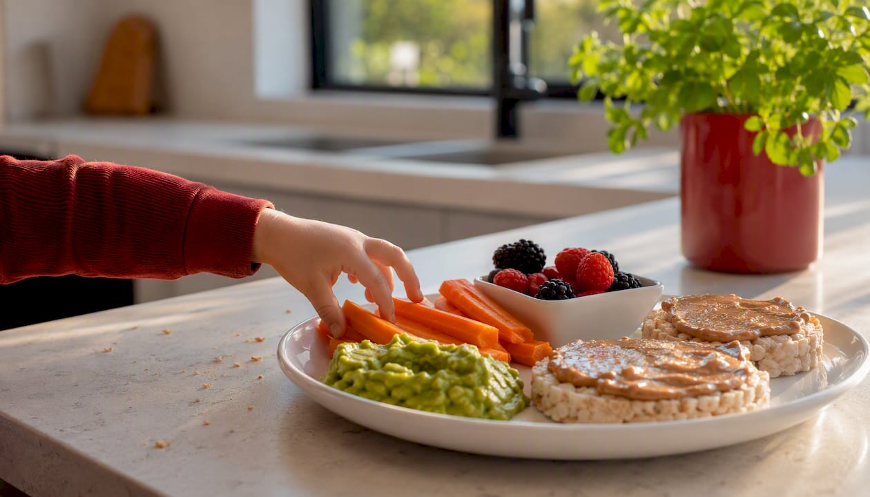 Healthy kids snack on wooden tray with toddler hand reaching