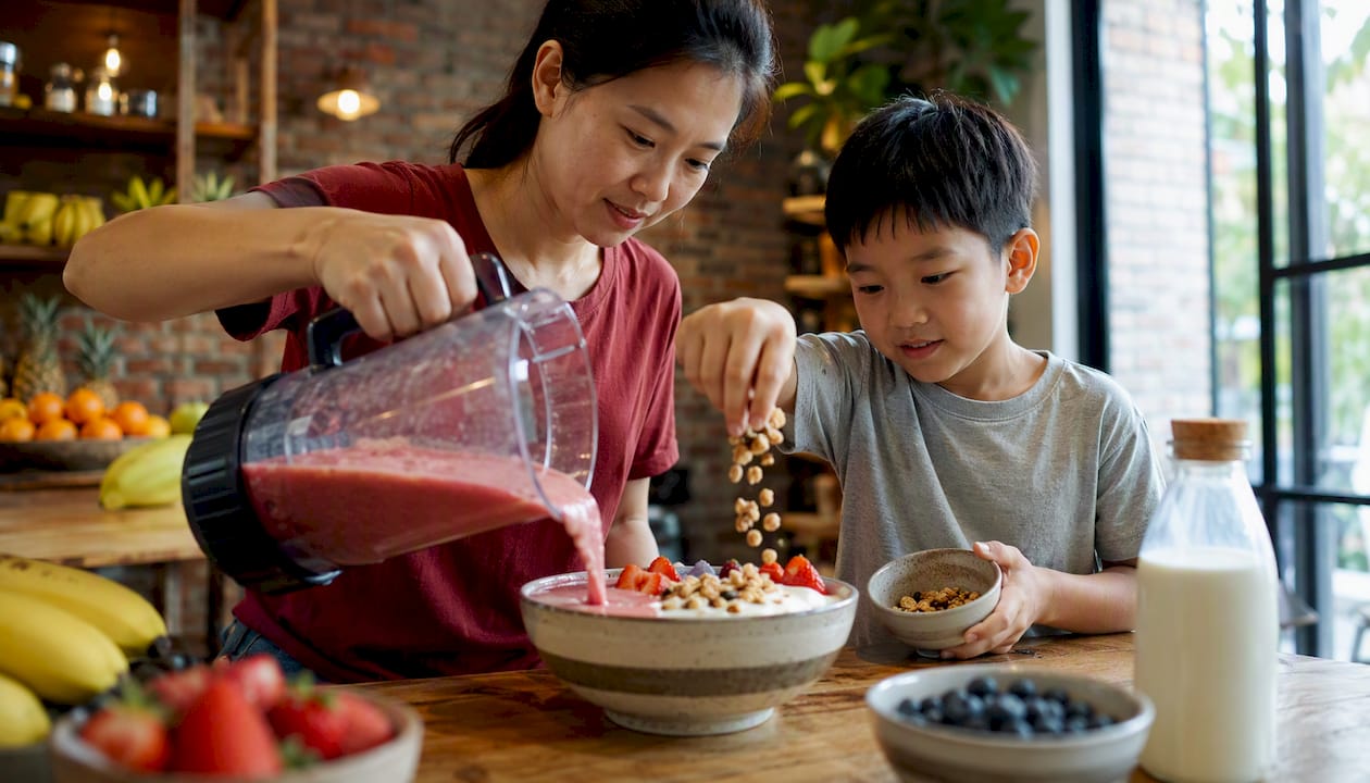Mother and son preparing breakfast smoothie bowl