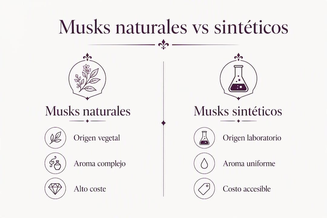 Infografía con los principales aspectos a tener en cuenta al comparar almizcles naturales y sintéticos