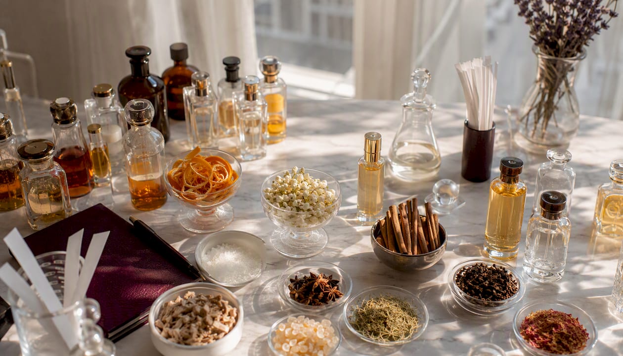 Perfume accord family raw materials and bottles array