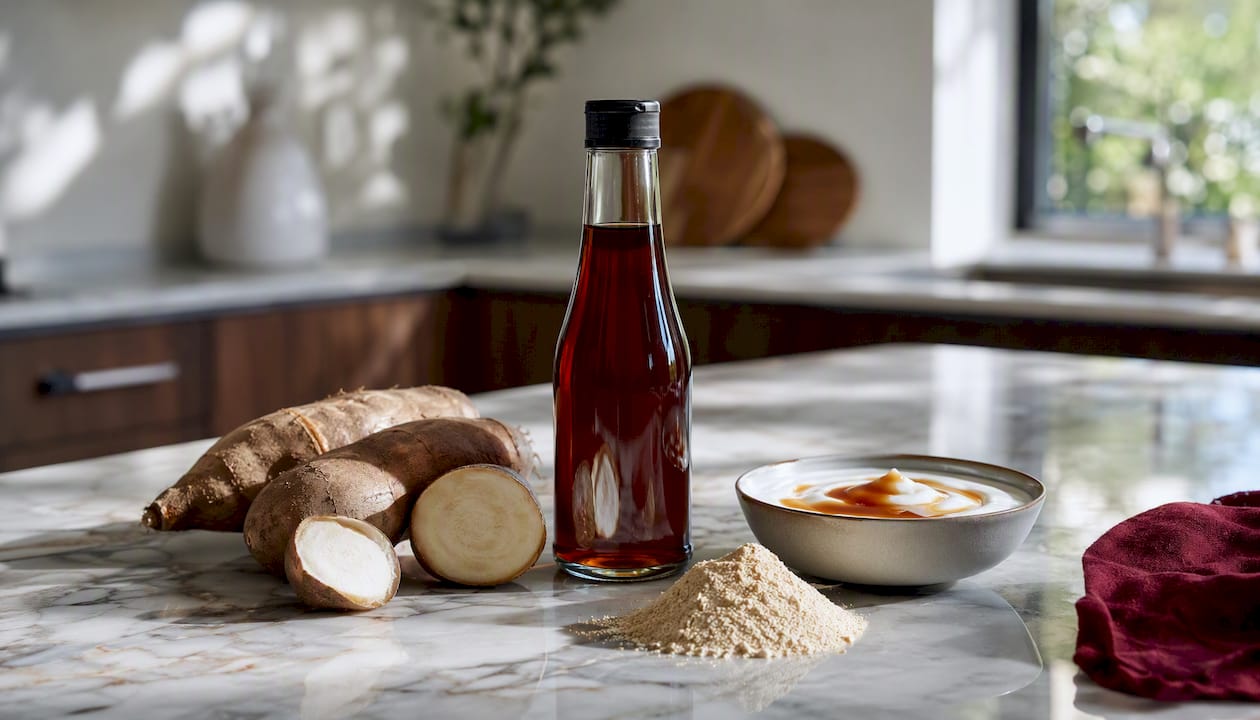 Yacon syrup bottle with roots and yogurt drizzle