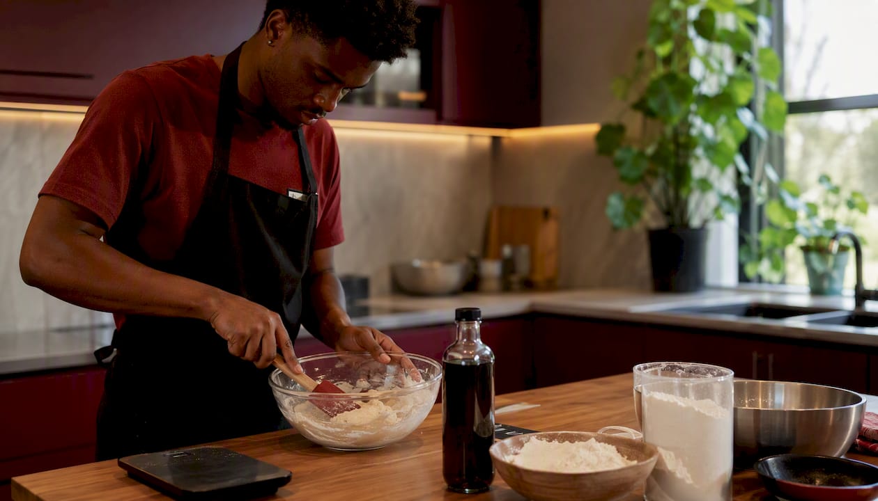 Man preparing batter with alternative syrup in kitchen