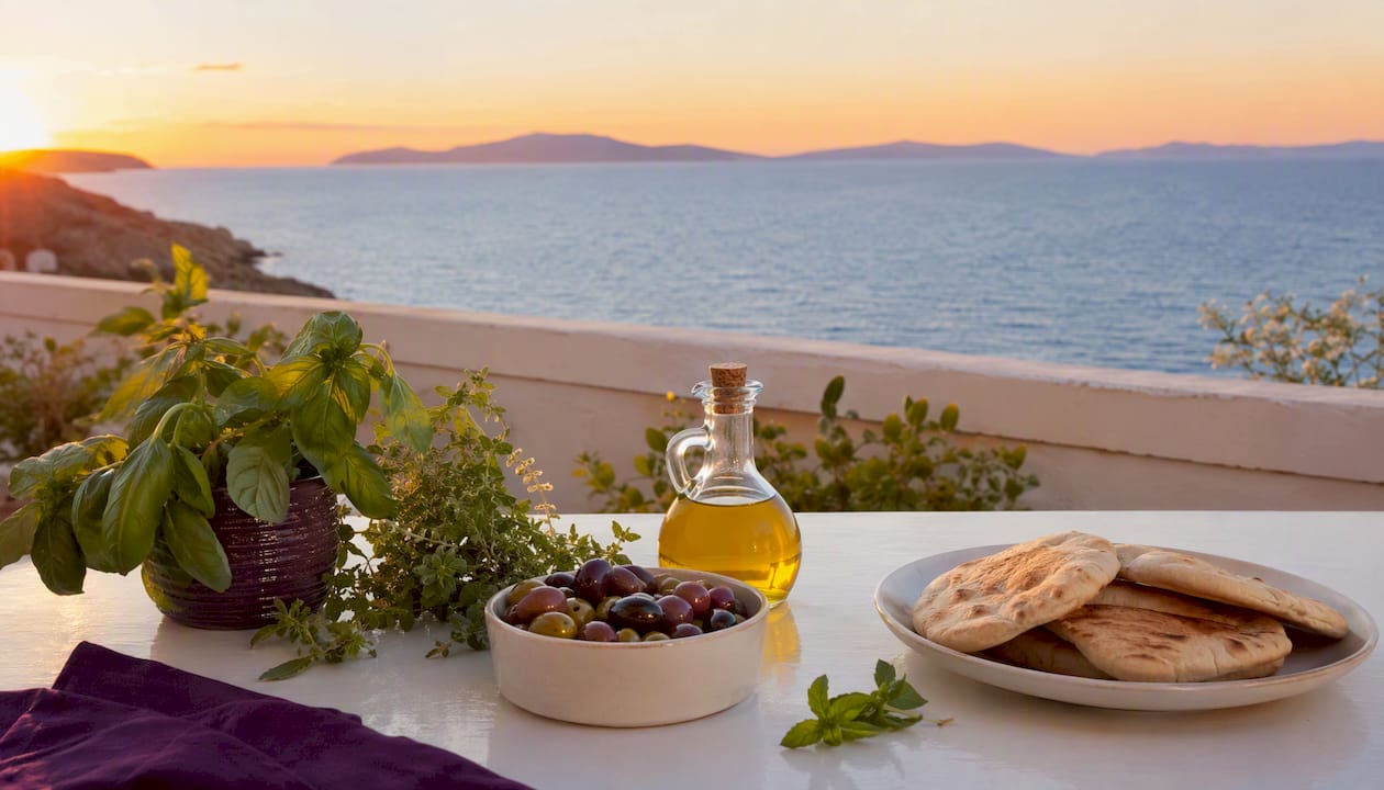 Disfruta de una mesa repleta de sabores mediterráneos, con el mar como telón de fondo.