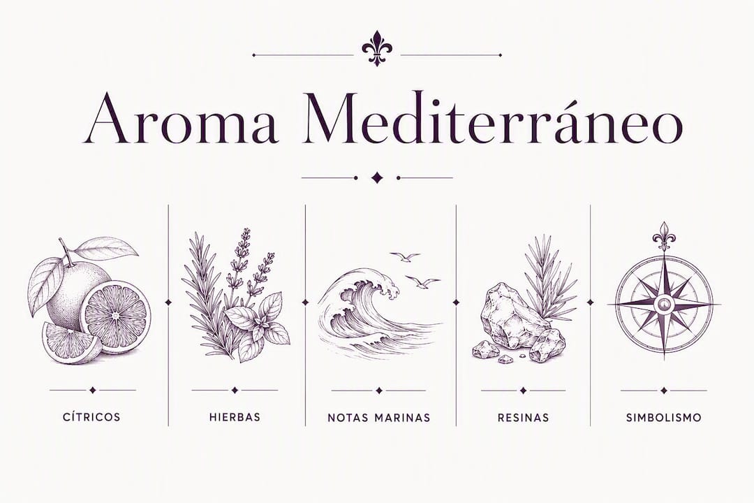 Infografía que muestra la composición de notas y el carácter evocador del aroma mediterráneo