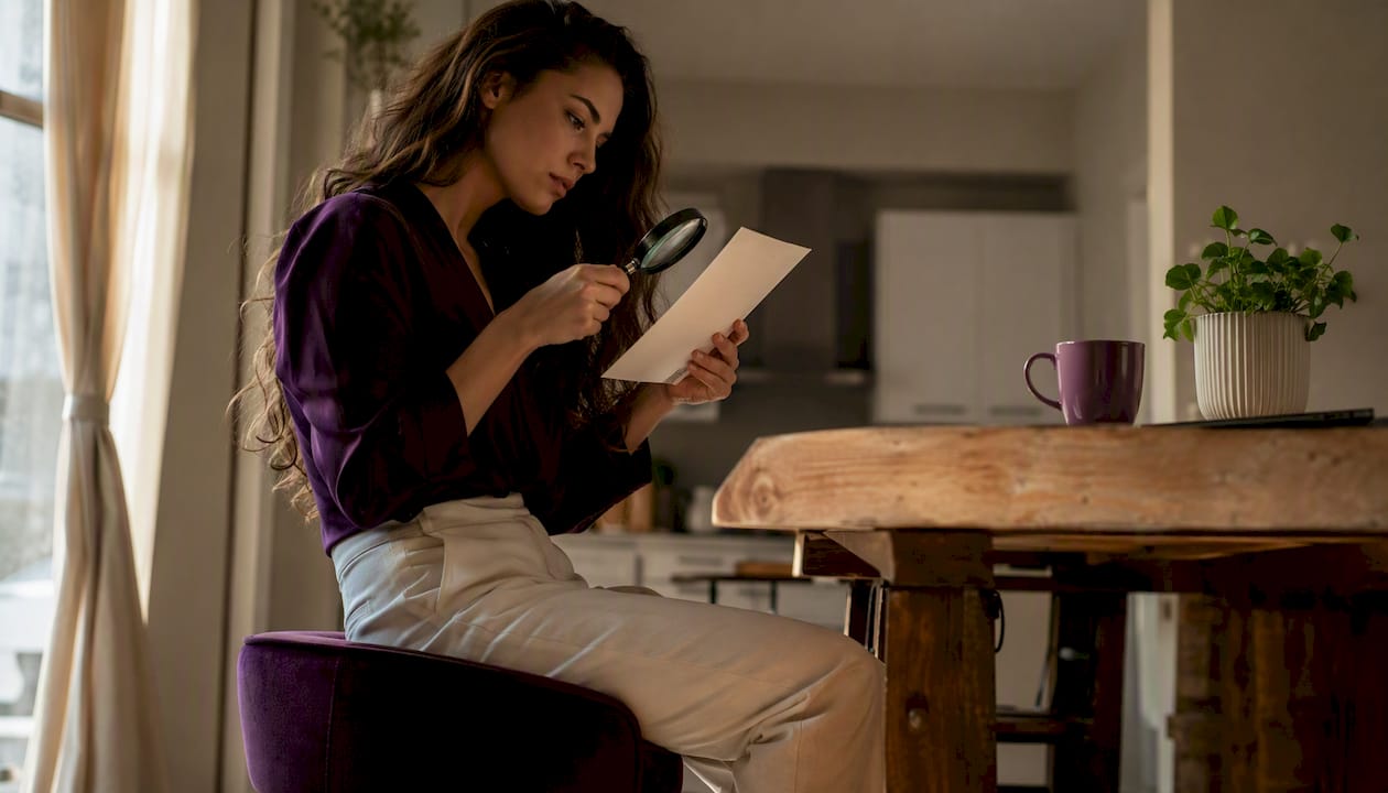 Une personne en train d’examiner la composition d’un produit cosmétique, installée à son bureau.